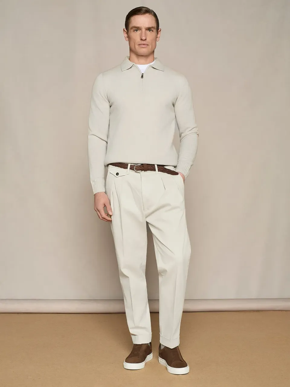 Paul Taylor Pantalone doppia pinces gabardina burro