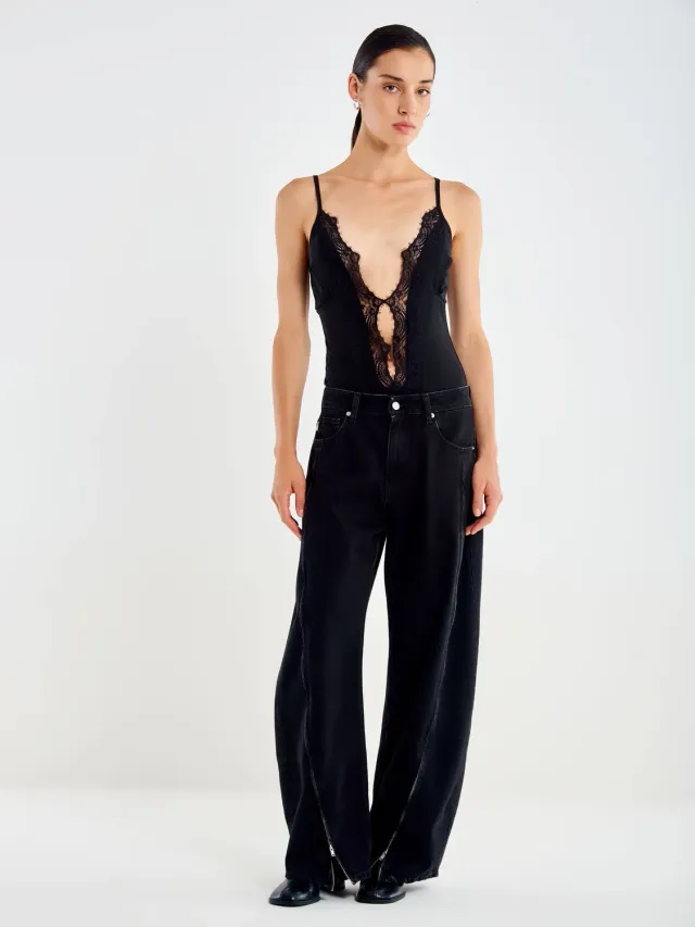 Vicolo Body Tulle e Pizzo Scollo Profondo Nero