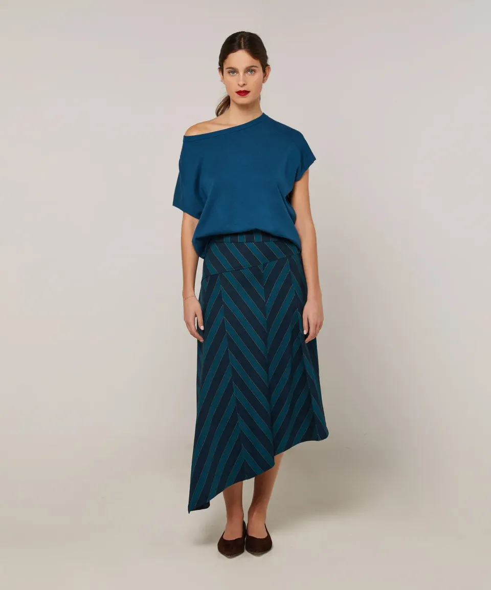 Rodier E26 gonna lunga asimmetrica blu pois