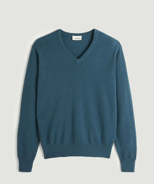 Rodier maglione scollo a V cashmere blu 100% uomo