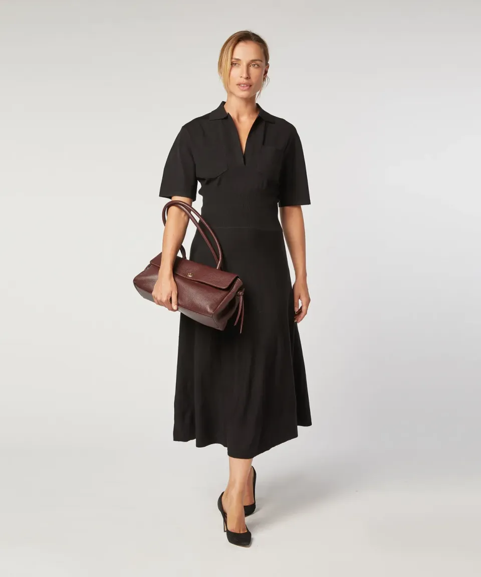 Rodier Abito Lungo Lana Merino Nero Collo Camicia