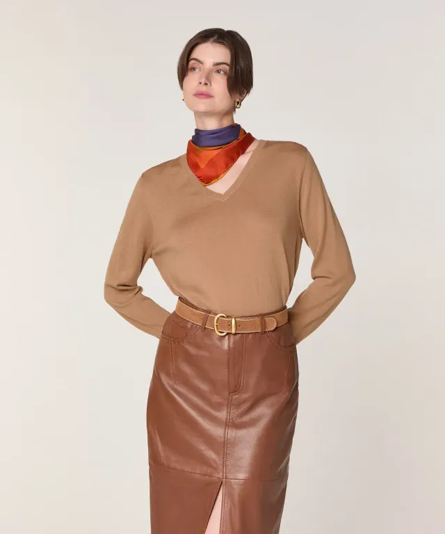 Rodier maglione scollo V merino donna marrone cammello