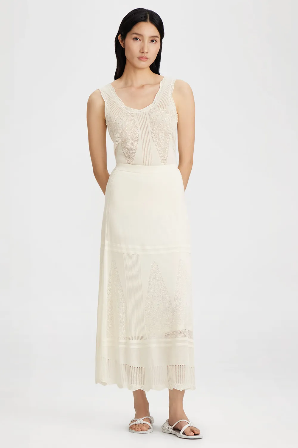 PORTS Lace Knit top crema scollo U pizzo