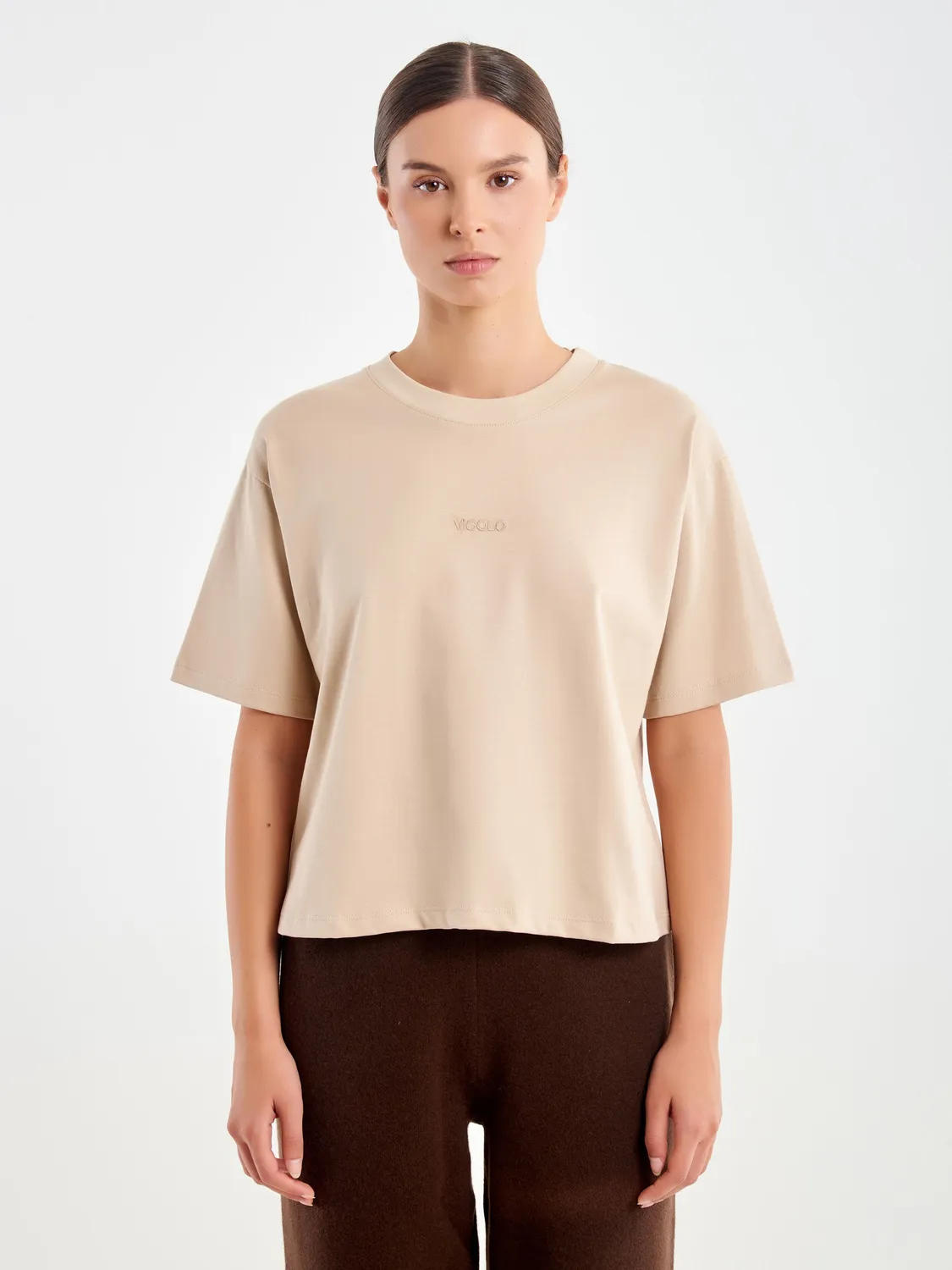 Vicolo T-Shirt Cropped beige ricamo jersey cotone taglia S