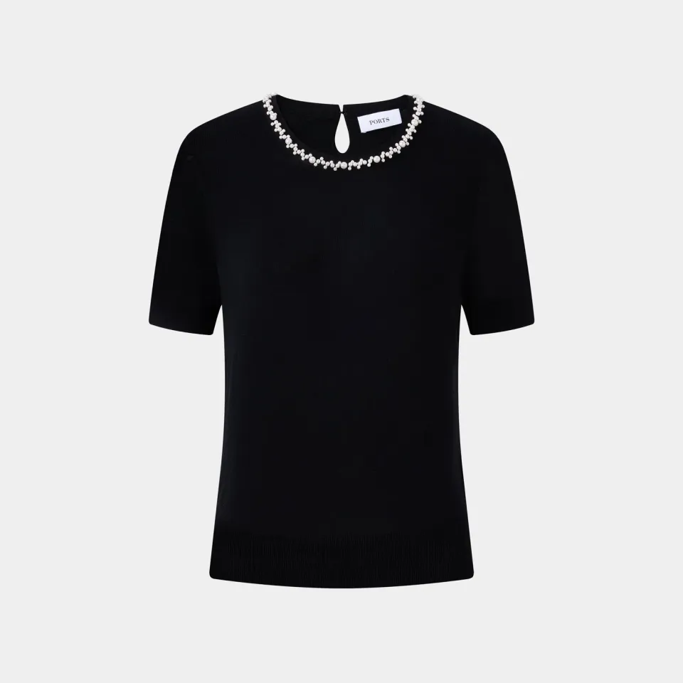 Ports Chic Pearl top nero in seta di gelso con perle