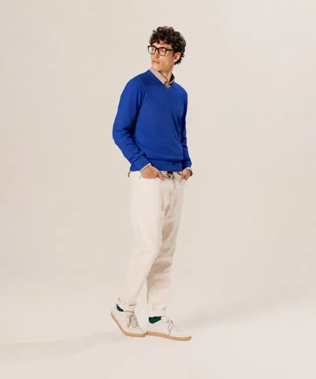 Rodier maglione scollo V lana merino blu azzurro uomo