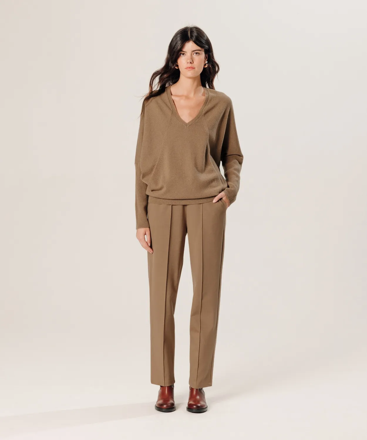 Rodier maglione oversize cashmere scollo V camel brown