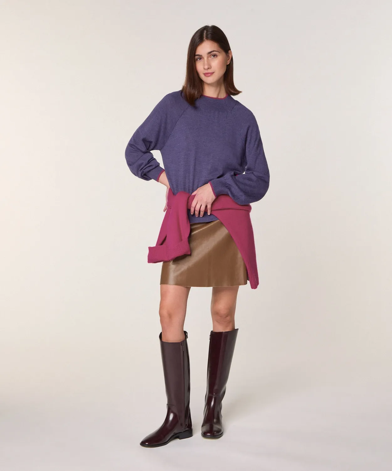 Rodier maglia girocollo merino viola profili contrasto
