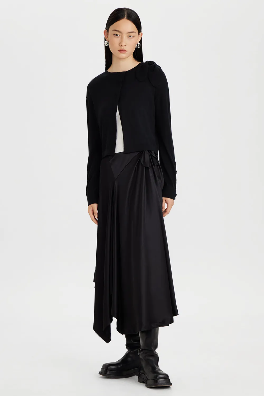 PORTS 1961 Wool Silk Bow cardigan nero in seta