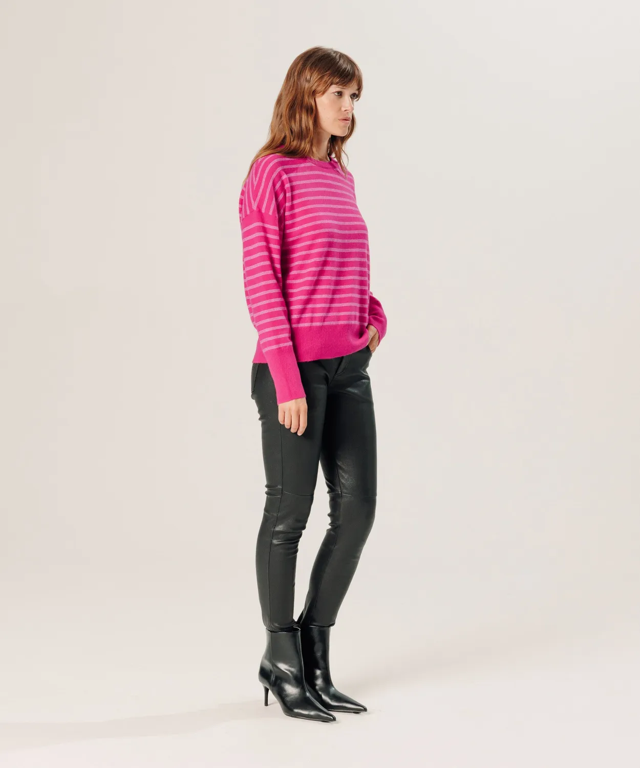 Rodier Maglione in cashmere a righe larghe rosa S-XL