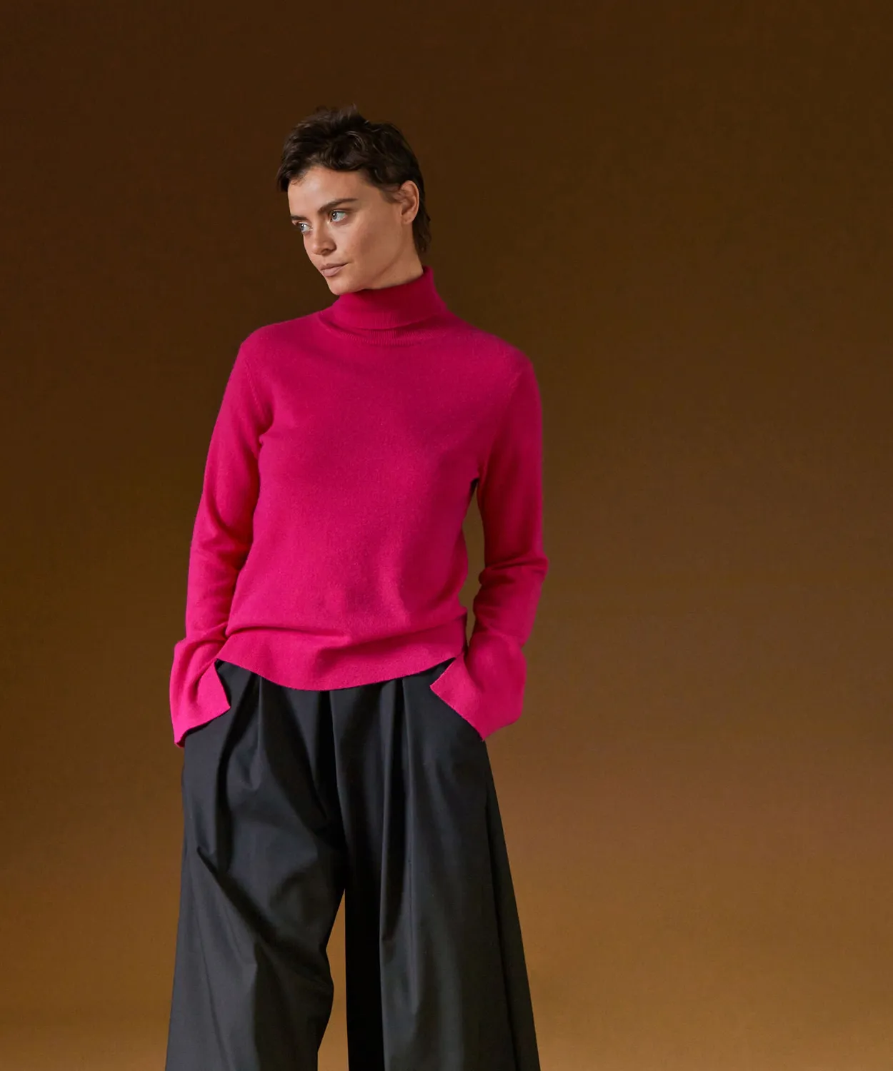 Rodier Maglione dolcevita cashmere rosa collo alto