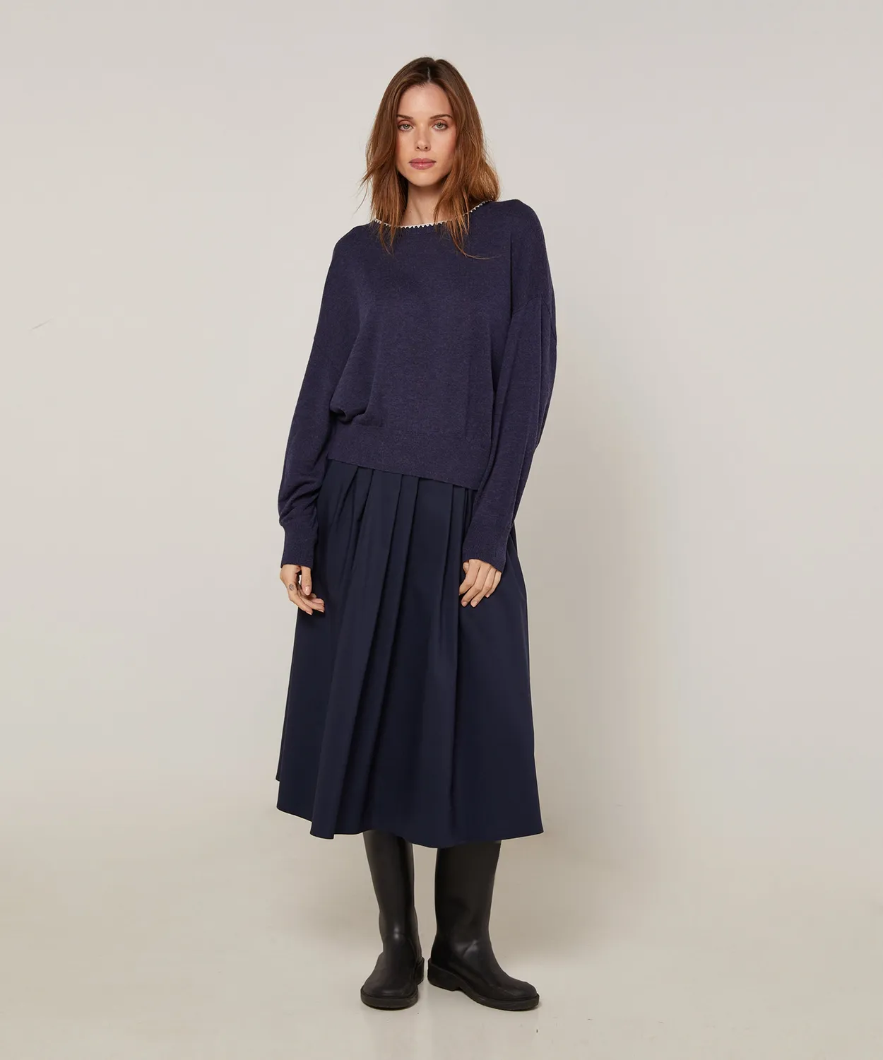 Rodier Maglione girocollo maglia fine blu denim oversize
