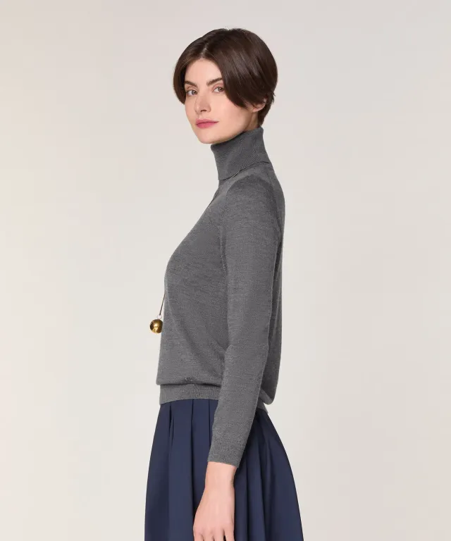 Rodier Maglione Dolcevita Lana Merino Grigio Scuro