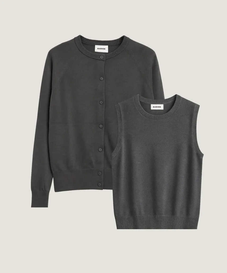 Rodier Twin set girocollo seta grigio scuro cardigan+top