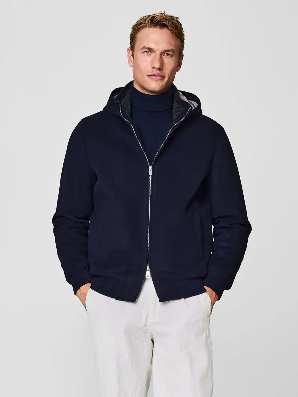 Paul Taylor Bomber Velour Lana Blu cappuccio imbottito