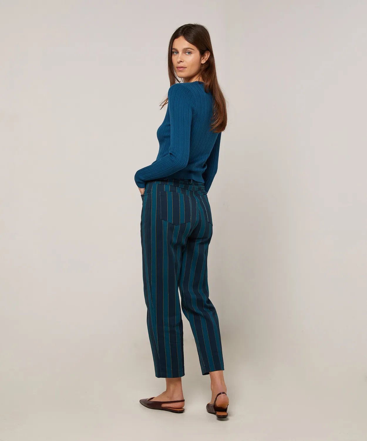 Rodier pantaloni dritti tela stampata blu righe cotone