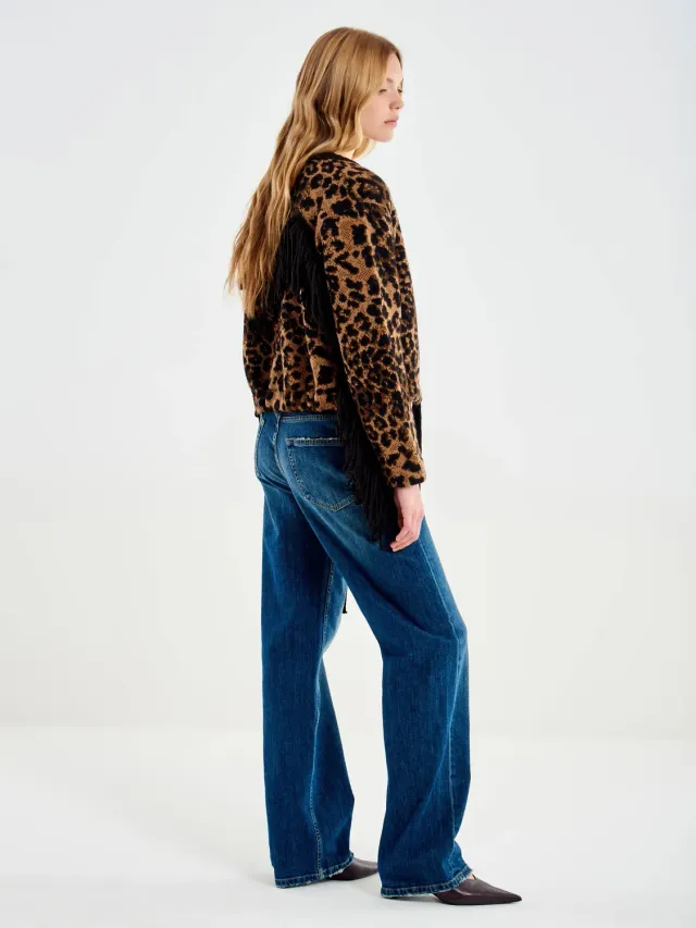 Vicolo cardigan leopardato con frange nero
