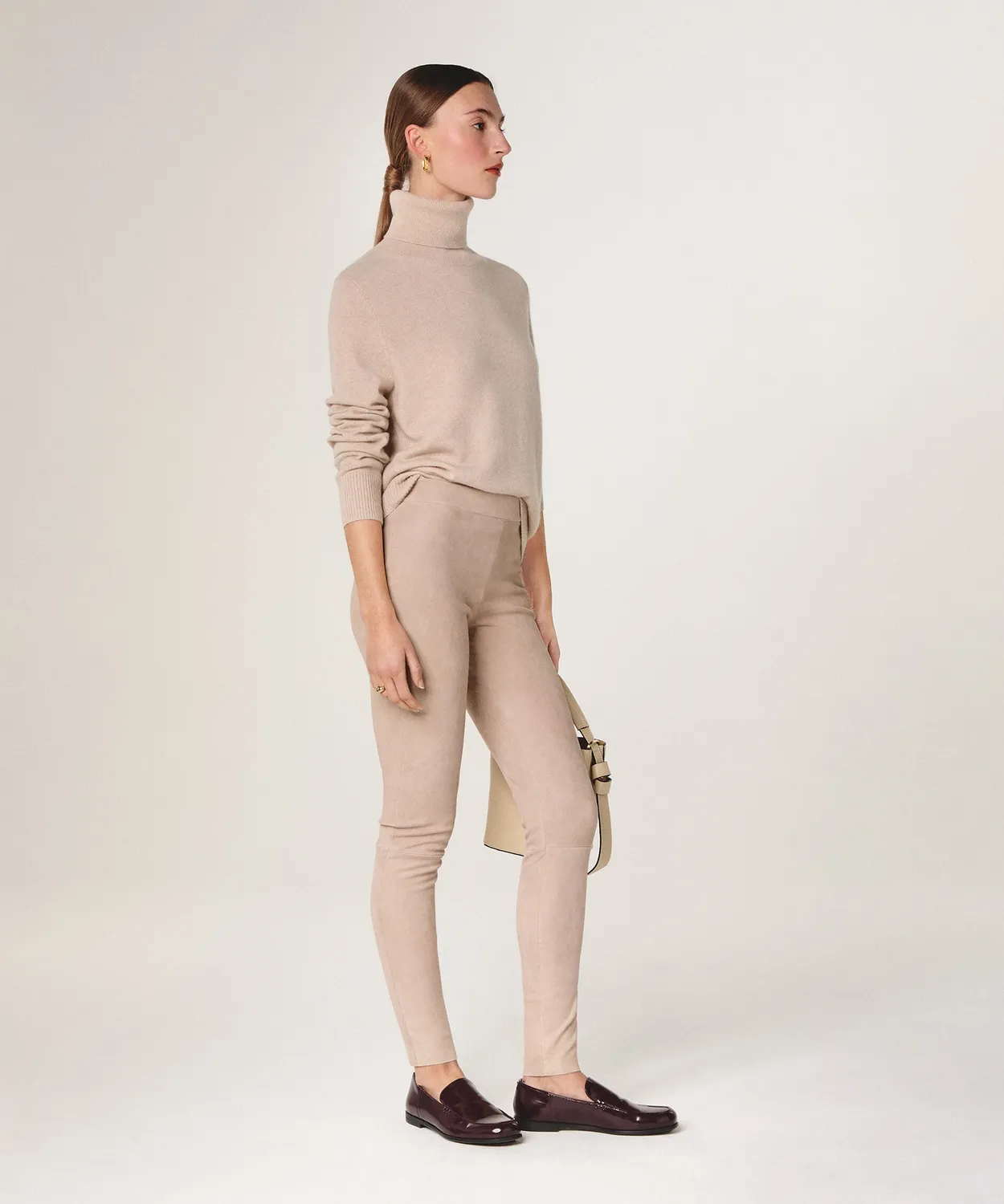 Rodier leggings pelle scamosciata beige elasticizzati