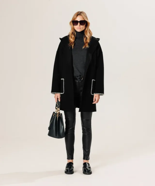 Rodier Cappotto Lana Cotta con Cappuccio Nero Caldo
