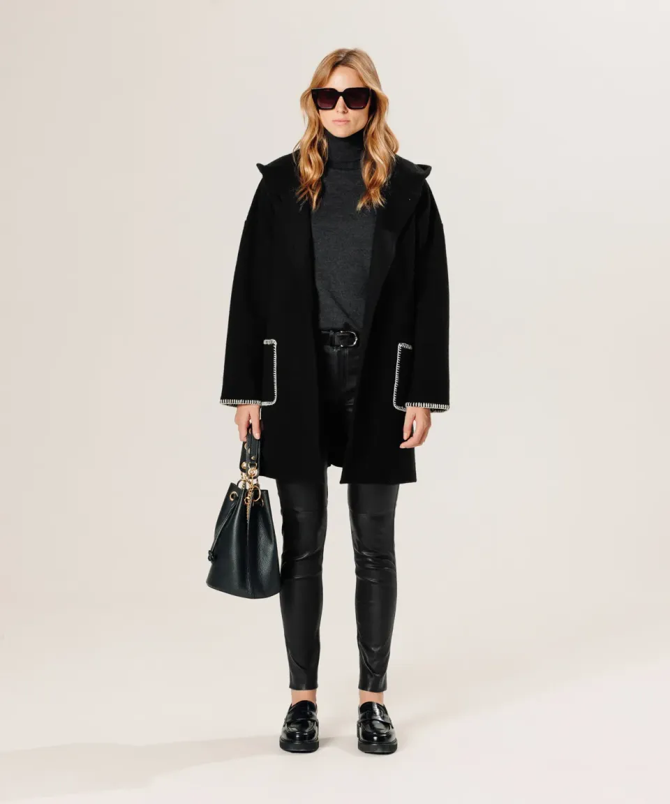 Rodier Cappotto Lana Cotta con Cappuccio Nero Caldo
