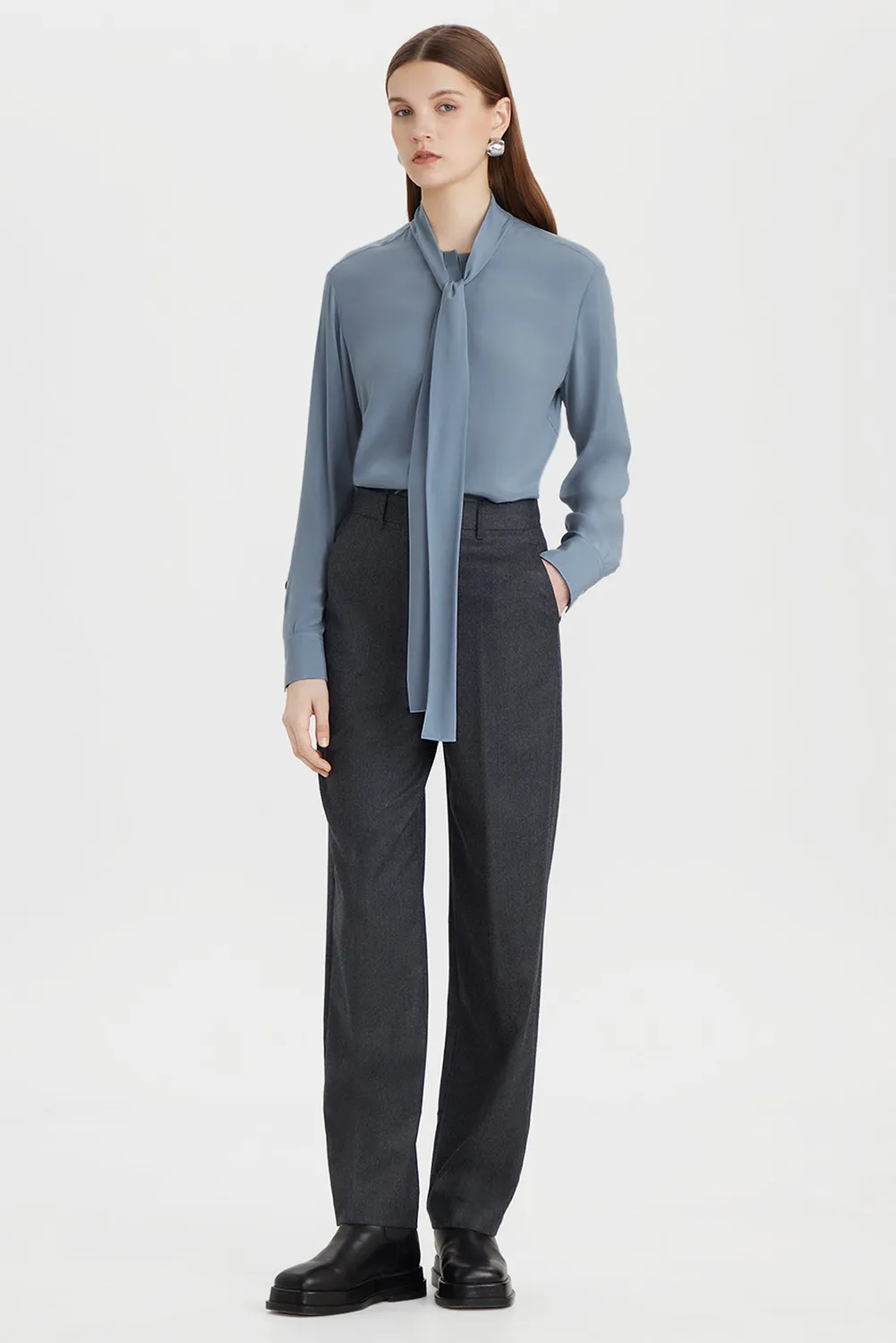 PORTS 1961 PW326HLS12 camicia azzurra collo fiocco cupro