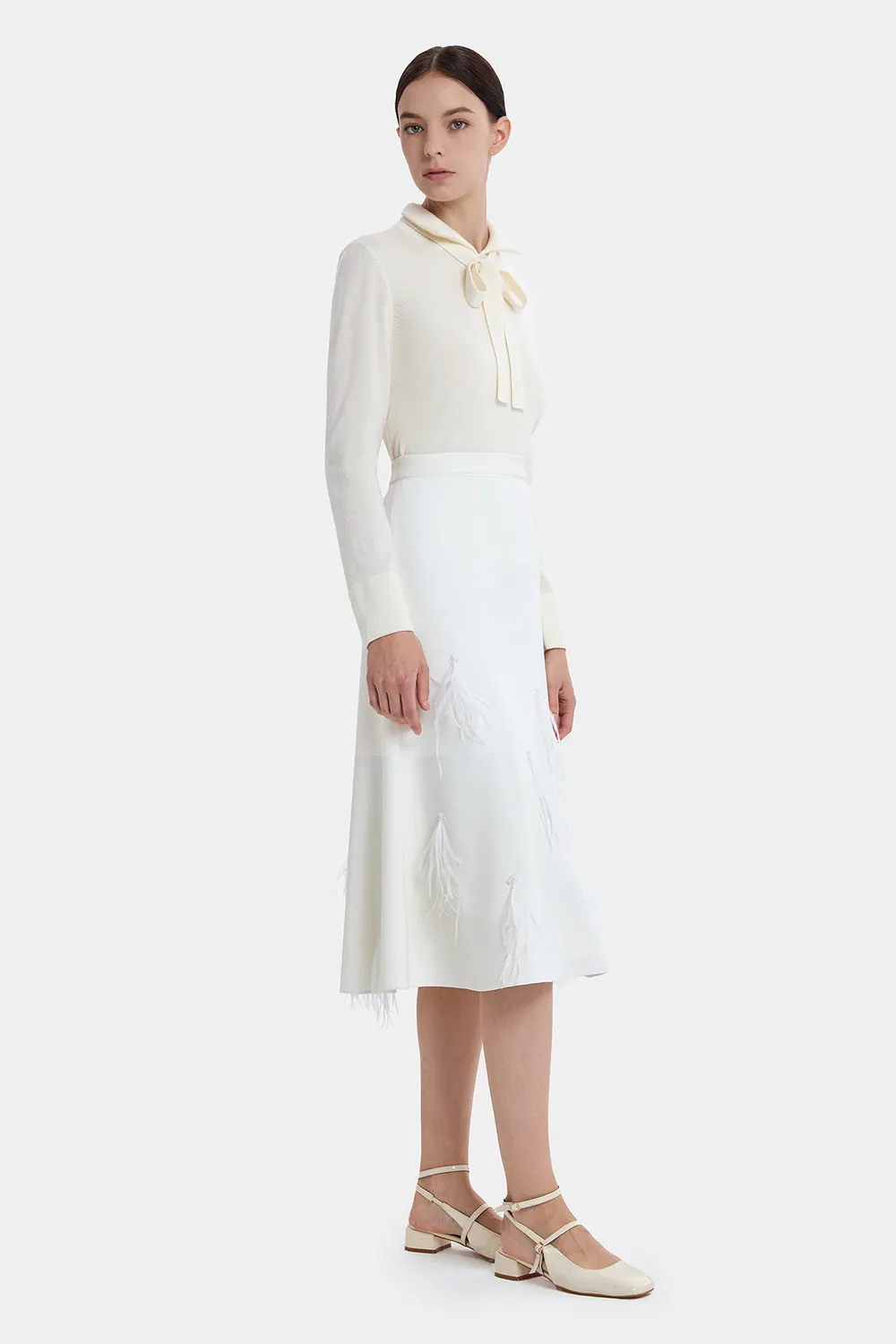 PORTS Whimsical Feather Touch A-Line Skirt gonna crema in lana