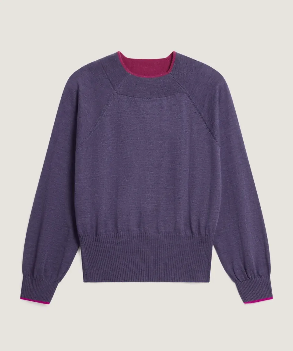 Rodier maglia girocollo merino viola profili contrasto
