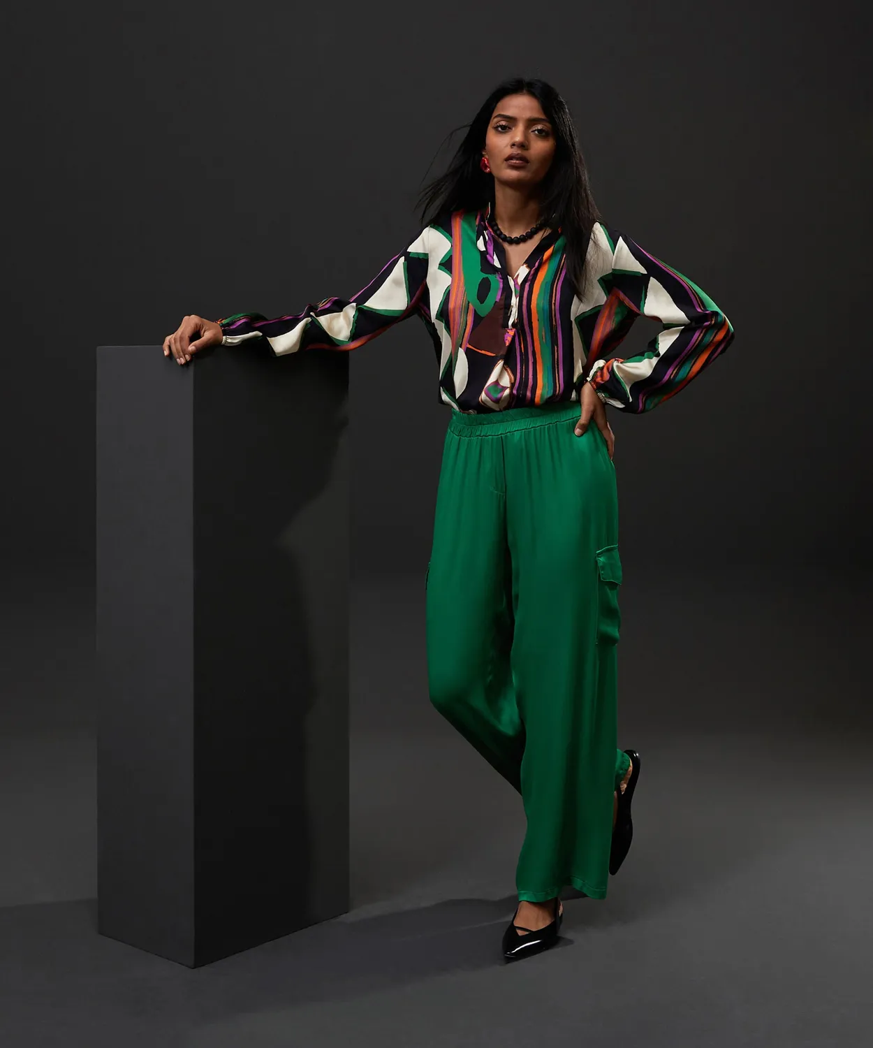 Rodier pantaloni cargo raso verde viscosa elasticizzati