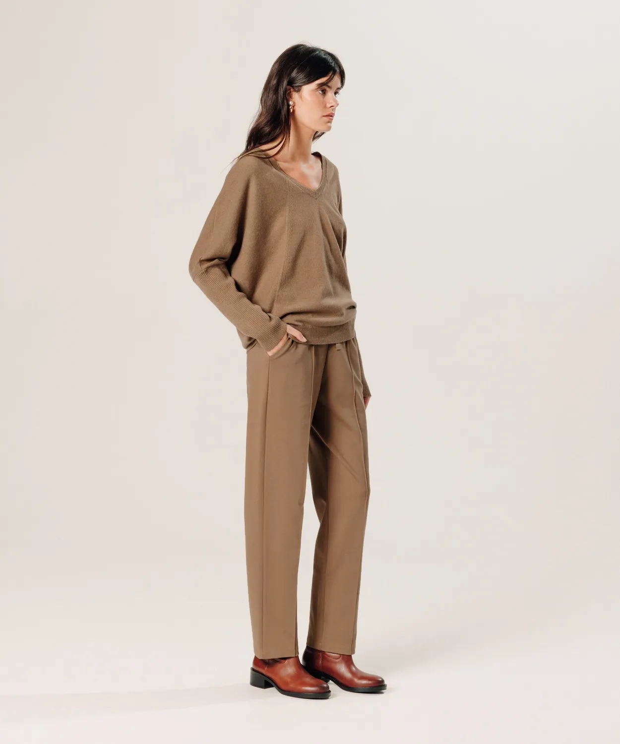 Rodier maglione oversize cashmere scollo V camel brown