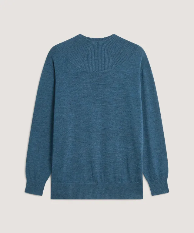 Rodier maglione collo alto donna lana merino blu denim