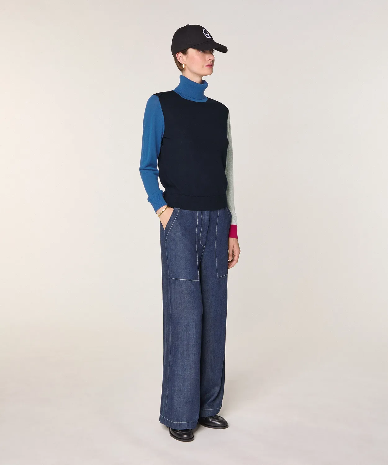 Rodier maglione dolcevita color block blu navy merino