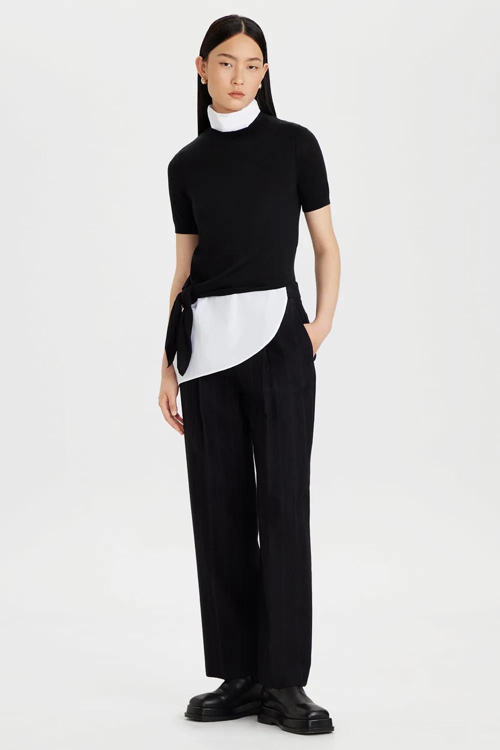 PORTS 1961 top lana seta nodo nero maniche corte