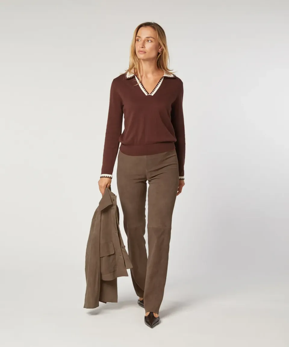 Rodier Pantaloni Dritti Pelle Scamosciata Marrone