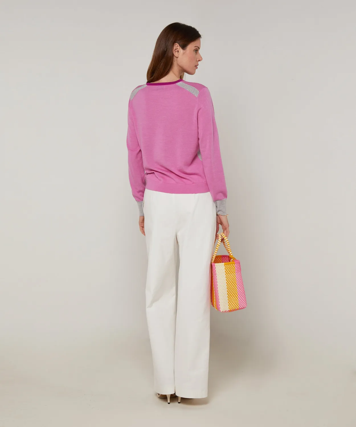 Rodier Maglia girocollo tricolore lana merino rosa candy