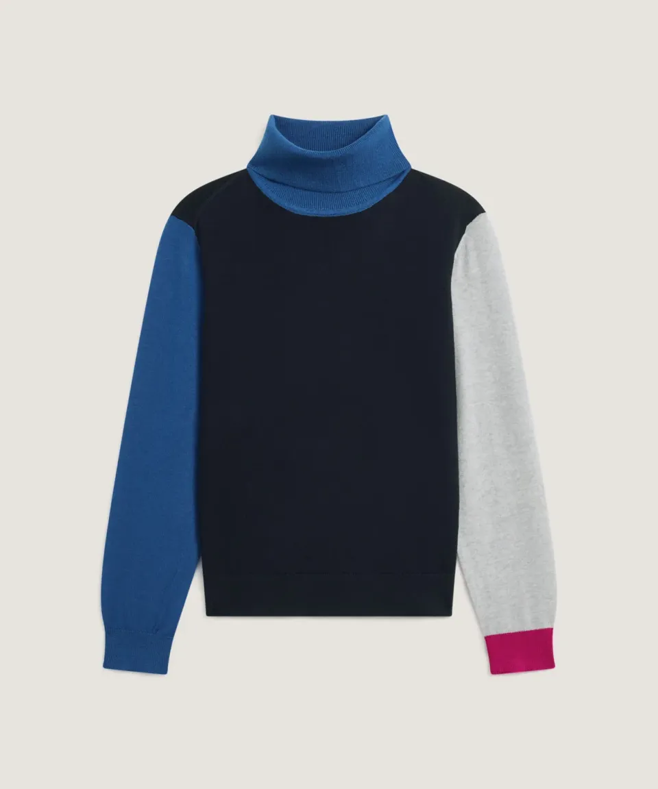 Rodier maglione dolcevita color block blu navy merino
