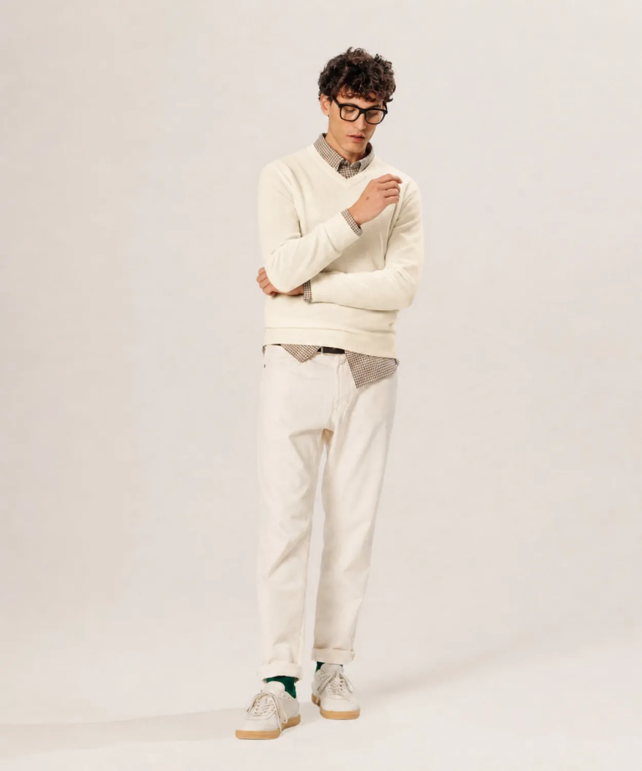 Rodier Maglia Scollo a V Lana Merino Bianco Ecru Uomo