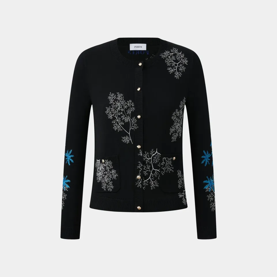 PORTS LU8K601 cardigan nero ricamo corallo