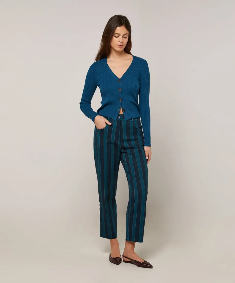 Rodier pantaloni dritti tela stampata blu righe cotone
