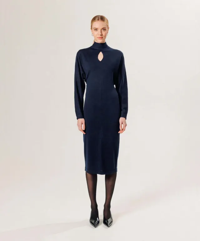 Rodier abito lungo lana merino collo finto blu navy