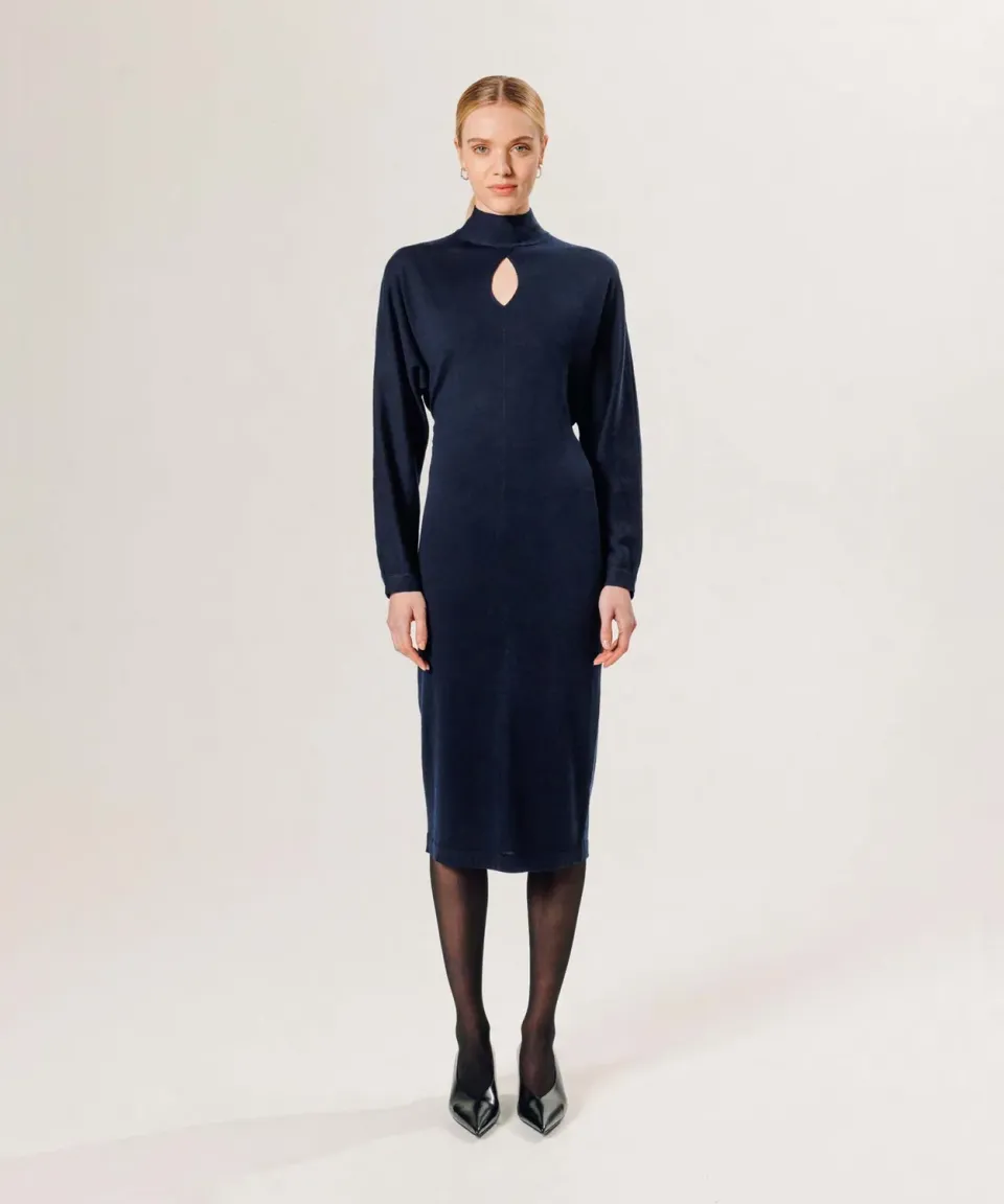Rodier abito lungo lana merino collo finto blu navy