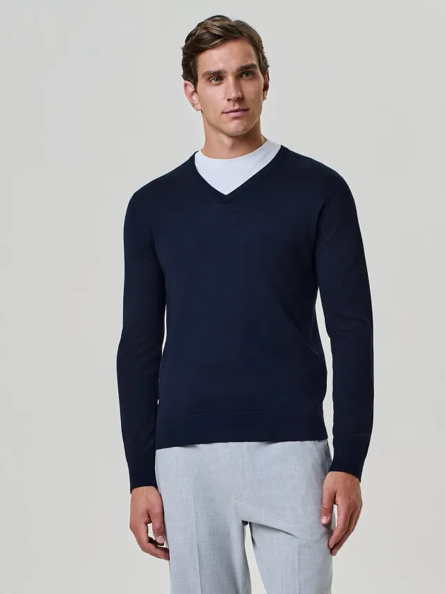 Paul Taylor maglia scollo V misto seta blu manica lunga