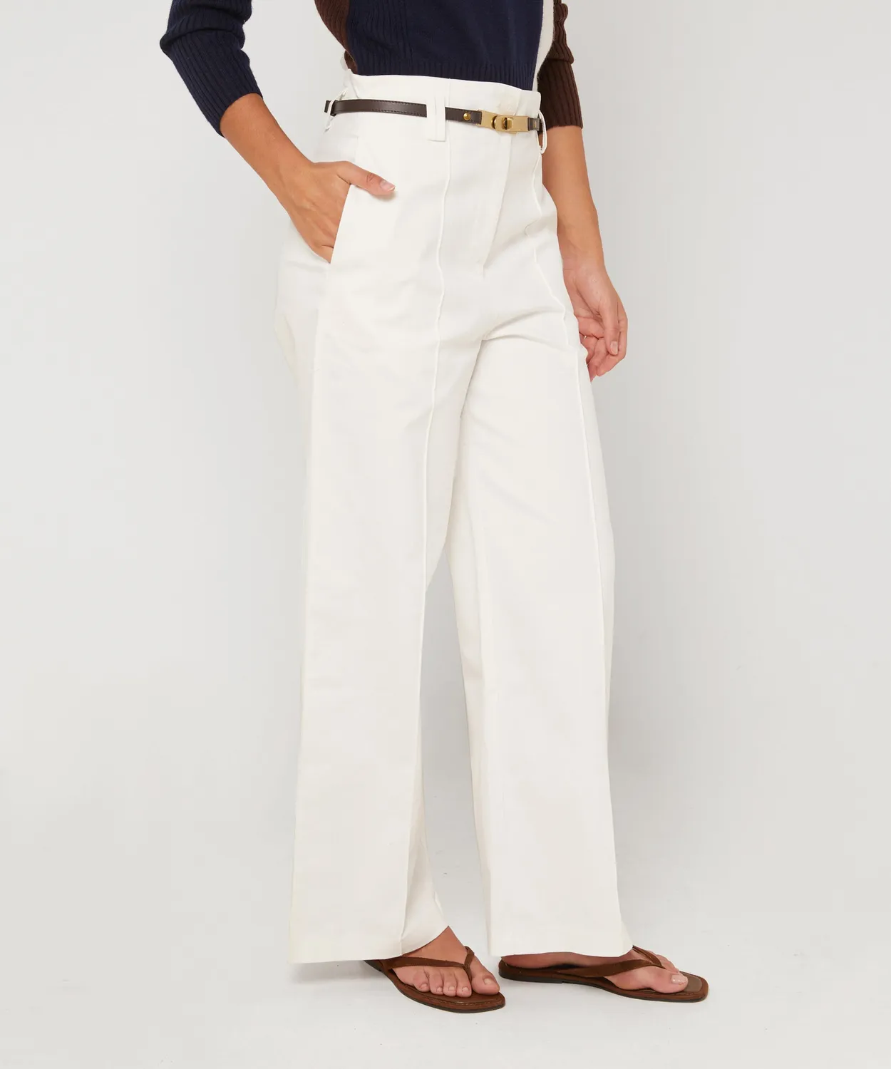 Rodier Pantaloni Larghi Vita Alta Cotone Bianco Ecru
