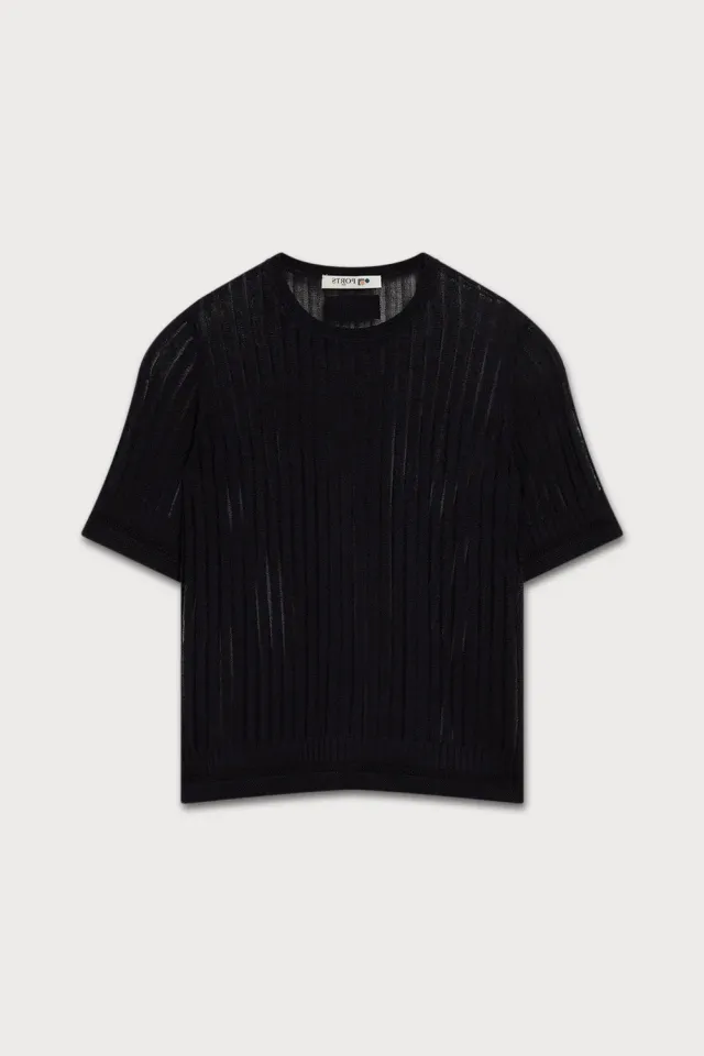 PORTS 1961 SS26 top nero righe sheer maniche corte
