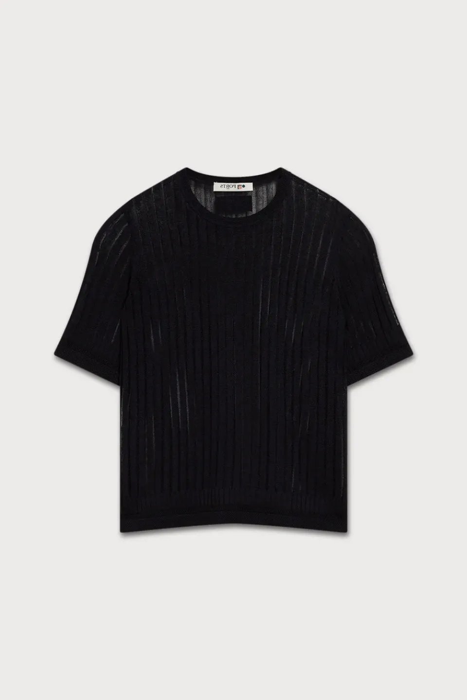 PORTS 1961 SS26 top nero righe sheer maniche corte