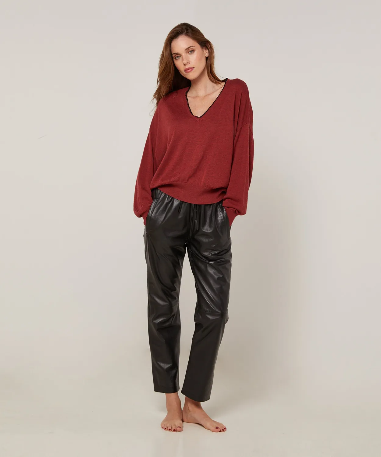 Rodier Maglione Scollo a V Maglia Fine Brique Ampio