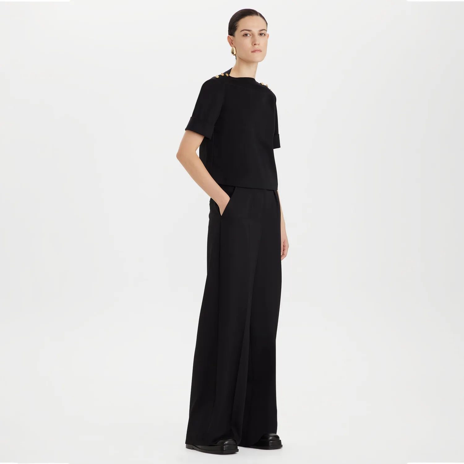 Ports 1961 Cotton Jersey Button-Shoulder Top nero cotone