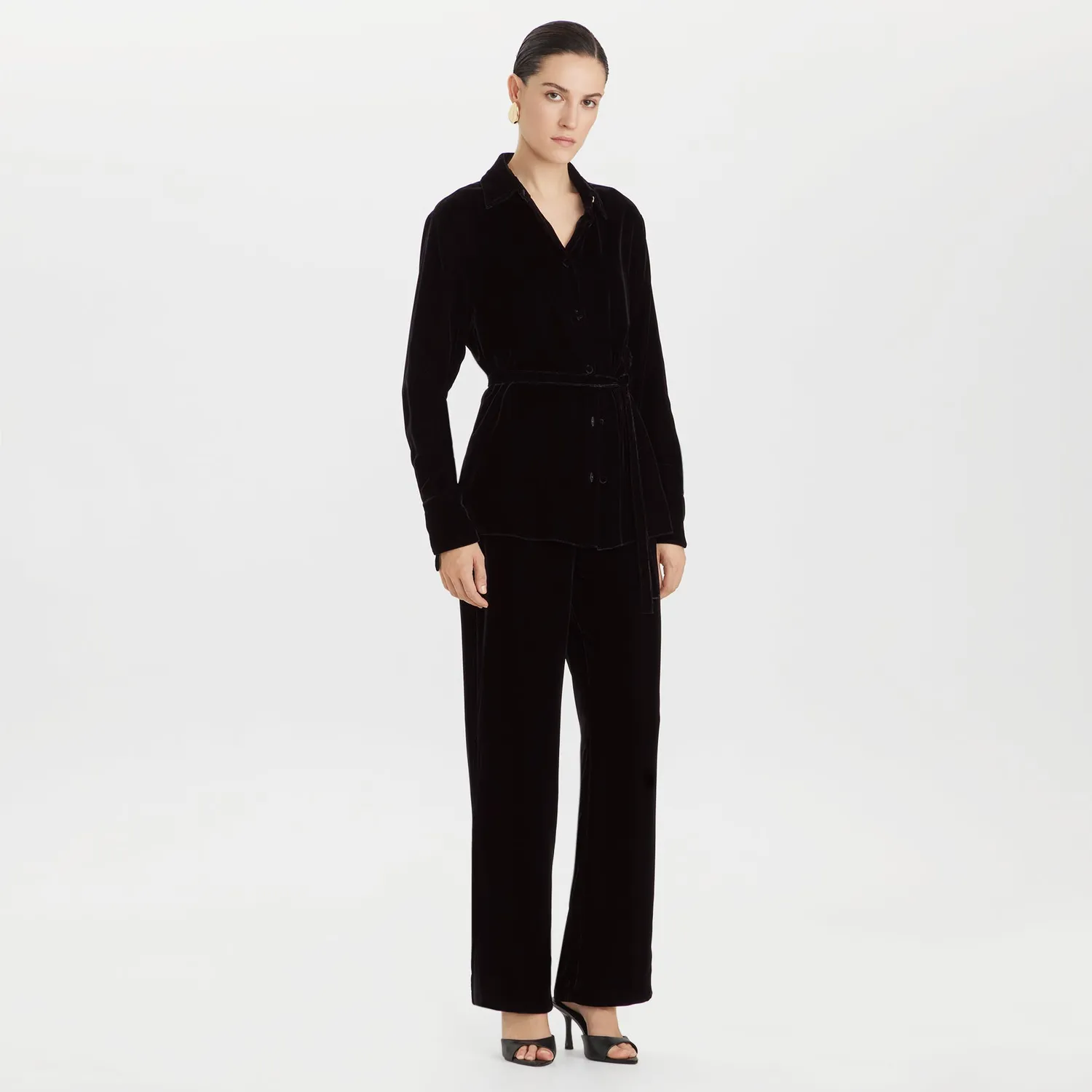 PORTS Velvet Tie-Waist camicia velluto nera cintura