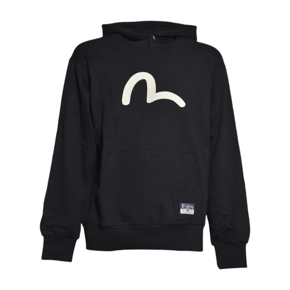 Evisu 2EAHTM5SW1252 felpa uomo nera cappuccio stampa