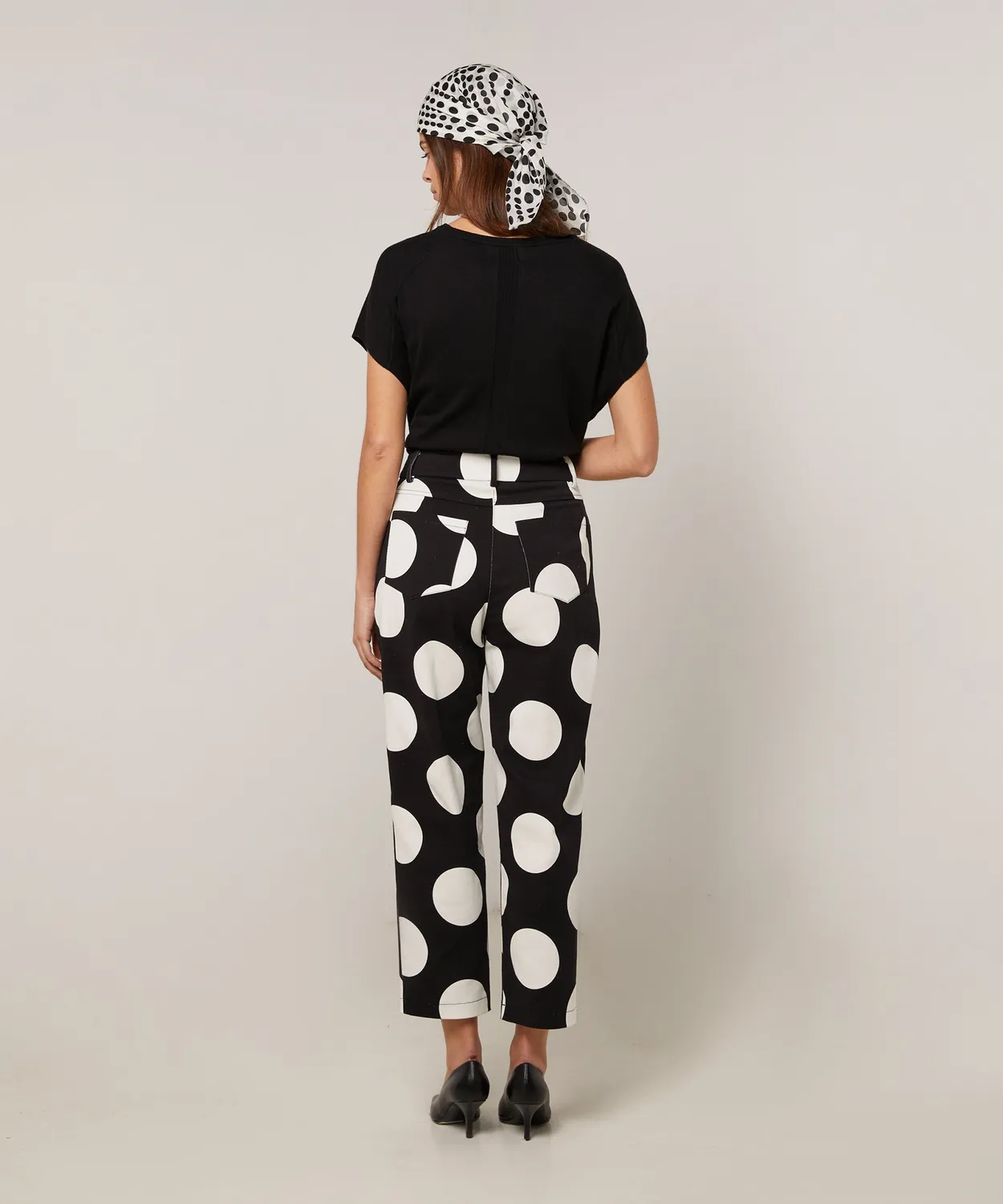 Rodier Pantalone Dritto Tela Pois Nero Cotone Elastic