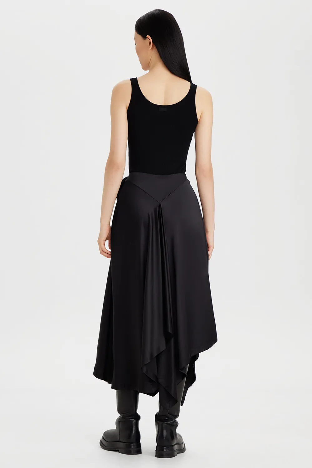 PORTS Asymmetric gonna midi nera seta satin